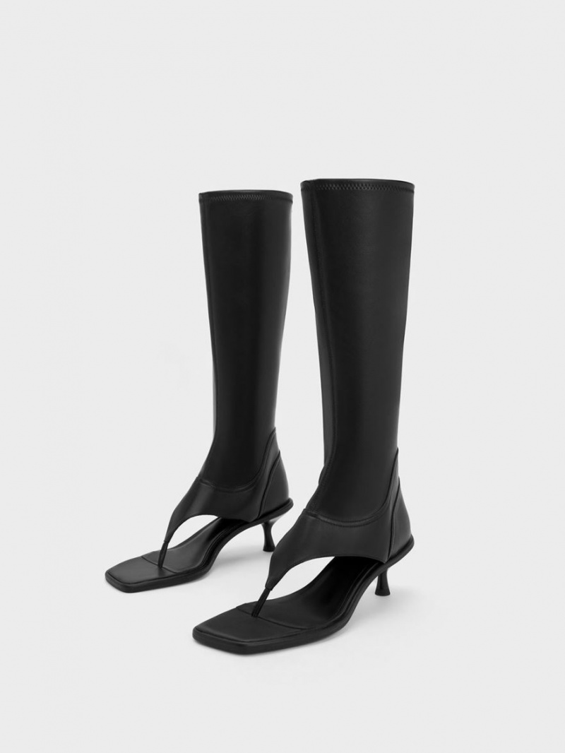 Cizme Pana La Genunchi Charles & Keith Kitten Heel Tanga Negrii | 916KEXMZO