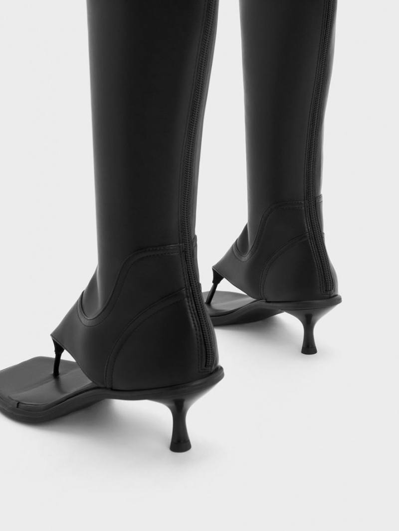 Cizme Pana La Genunchi Charles & Keith Kitten Heel Tanga Negrii | 916KEXMZO