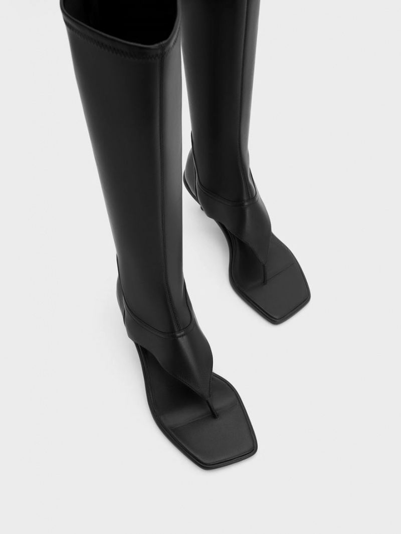 Cizme Pana La Genunchi Charles & Keith Kitten Heel Tanga Negrii | 916KEXMZO
