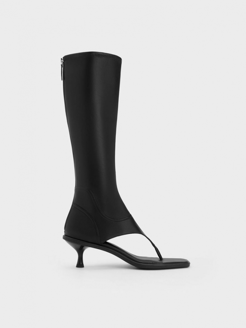 Cizme Pana La Genunchi Charles & Keith Kitten Heel Tanga Negrii | 916KEXMZO