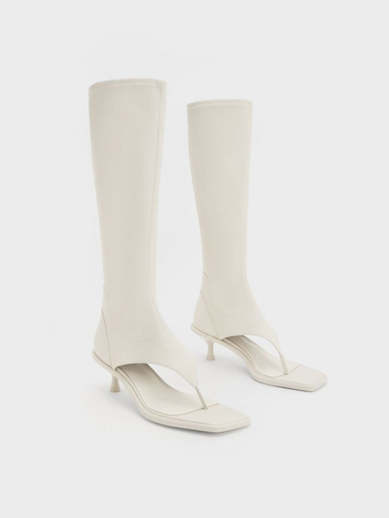 Cizme Pana La Genunchi Charles & Keith Kitten Heel Tanga Albi | 175RGYJVE