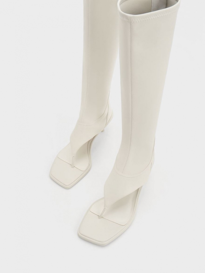 Cizme Pana La Genunchi Charles & Keith Kitten Heel Tanga Albi | 175RGYJVE