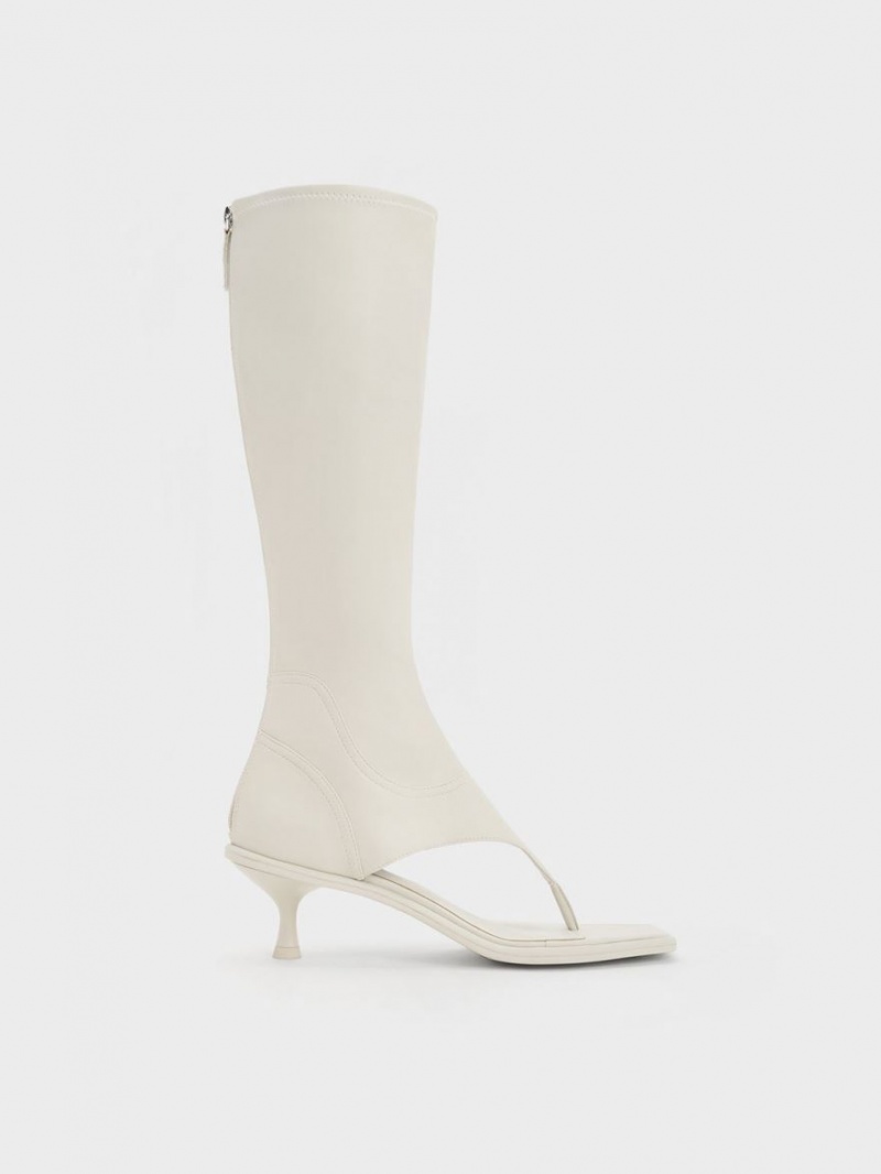 Cizme Pana La Genunchi Charles & Keith Kitten Heel Tanga Albi | 175RGYJVE