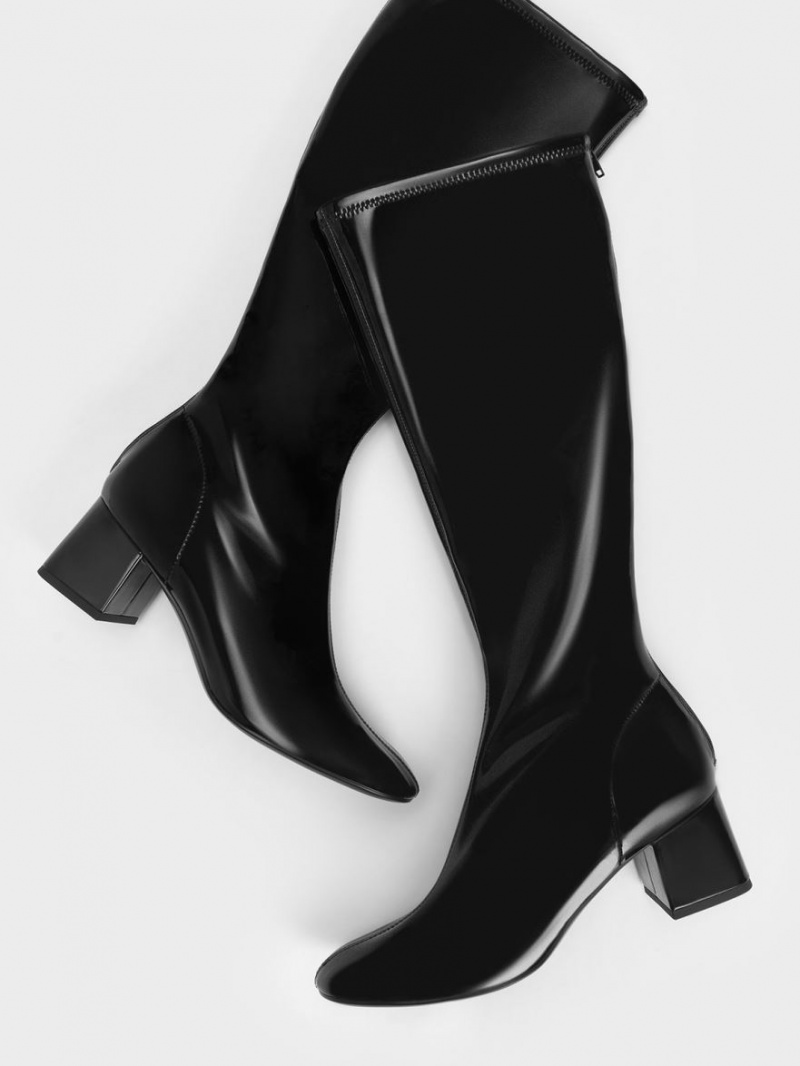 Cizme Pana La Genunchi Charles & Keith Lacuita Block Heel Negrii | 708UWFGSA