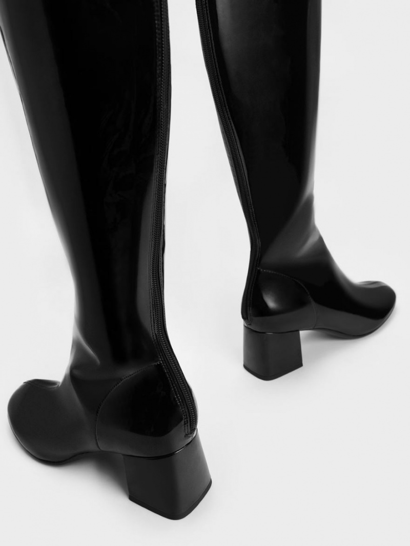 Cizme Pana La Genunchi Charles & Keith Lacuita Block Heel Negrii | 708UWFGSA