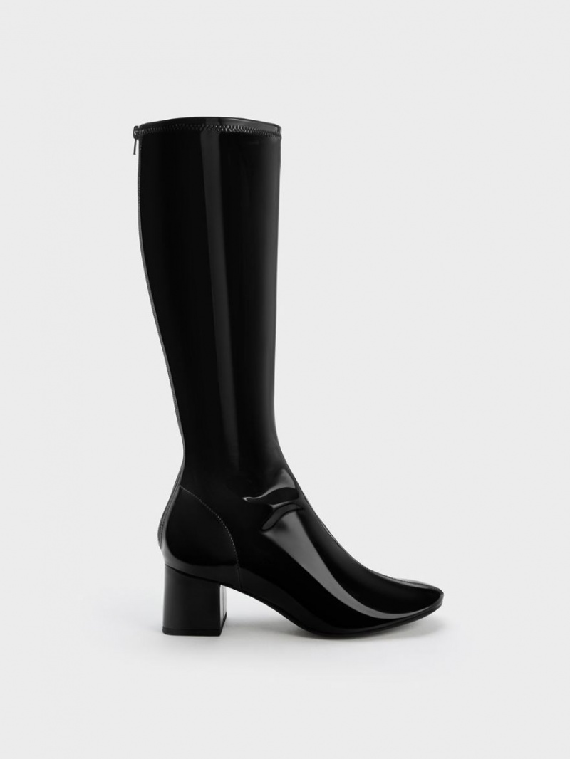 Cizme Pana La Genunchi Charles & Keith Lacuita Block Heel Negrii | 708UWFGSA