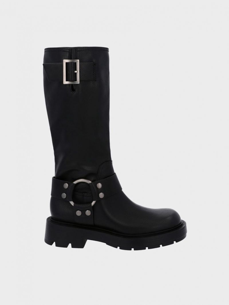 Cizme Pana La Genunchi Charles & Keith Metallic Buckled Negrii | 791EVTDBF