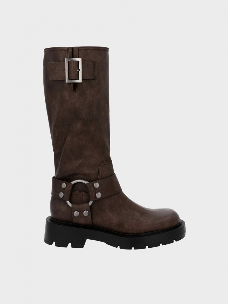 Cizme Pana La Genunchi Charles & Keith Metallic Buckled Maro Inchis | 368JVMWRY