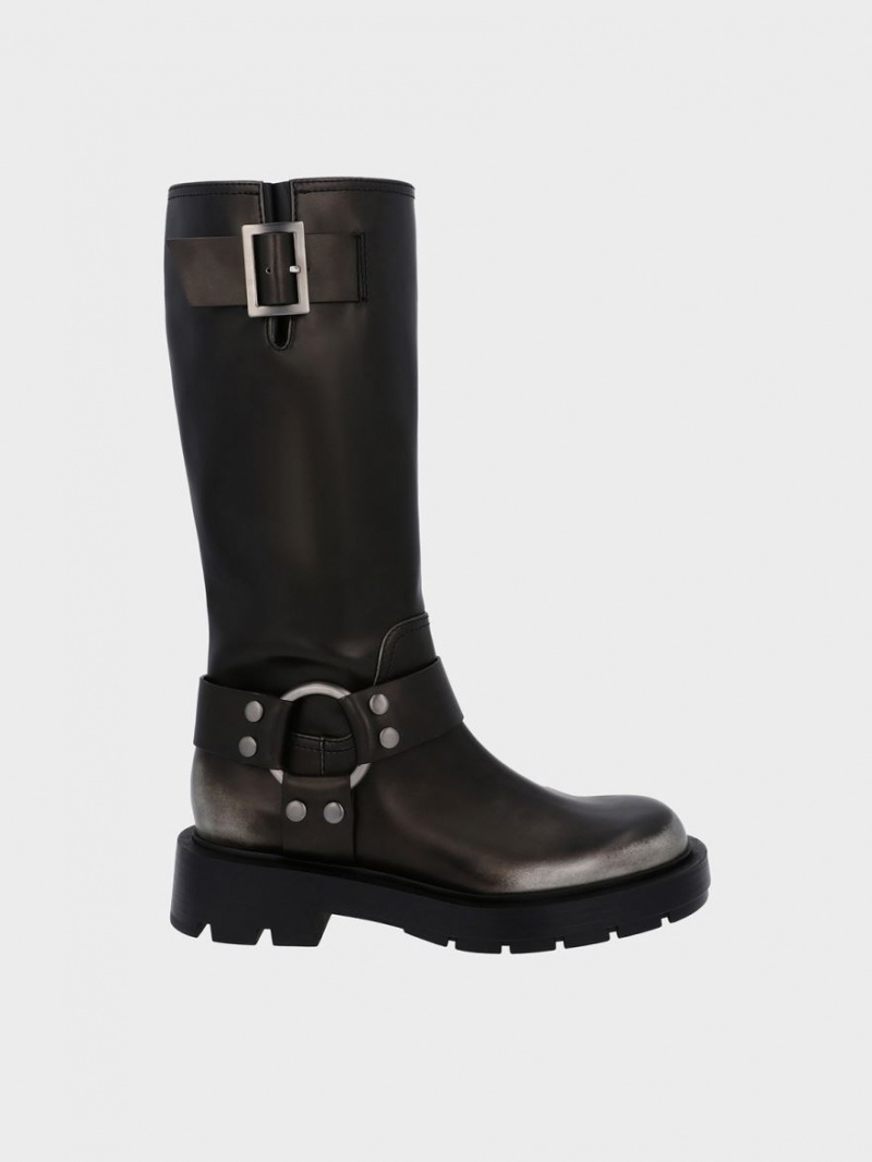 Cizme Pana La Genunchi Charles & Keith Metallic Buckled Negrii | 809JECUAZ
