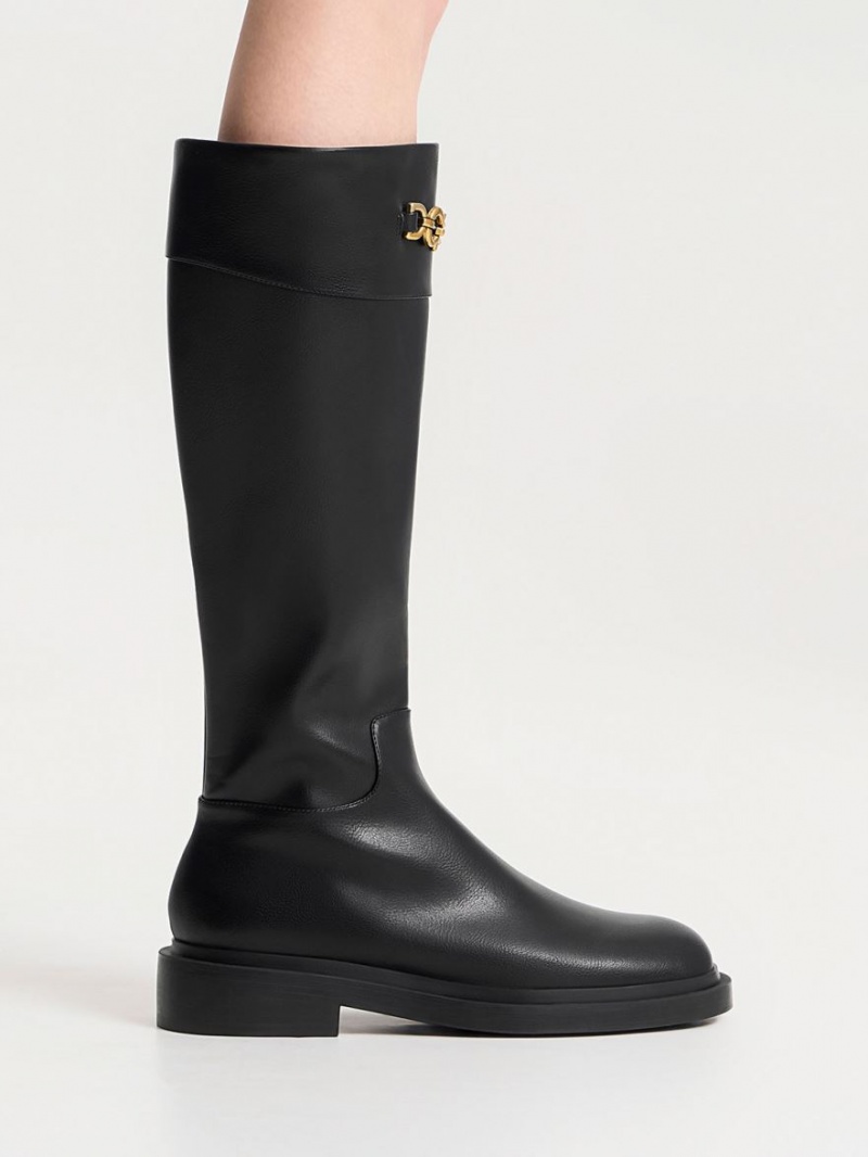 Cizme Pana La Genunchi Charles & Keith Metallic Chain Accent Negrii | 451XMZLJN