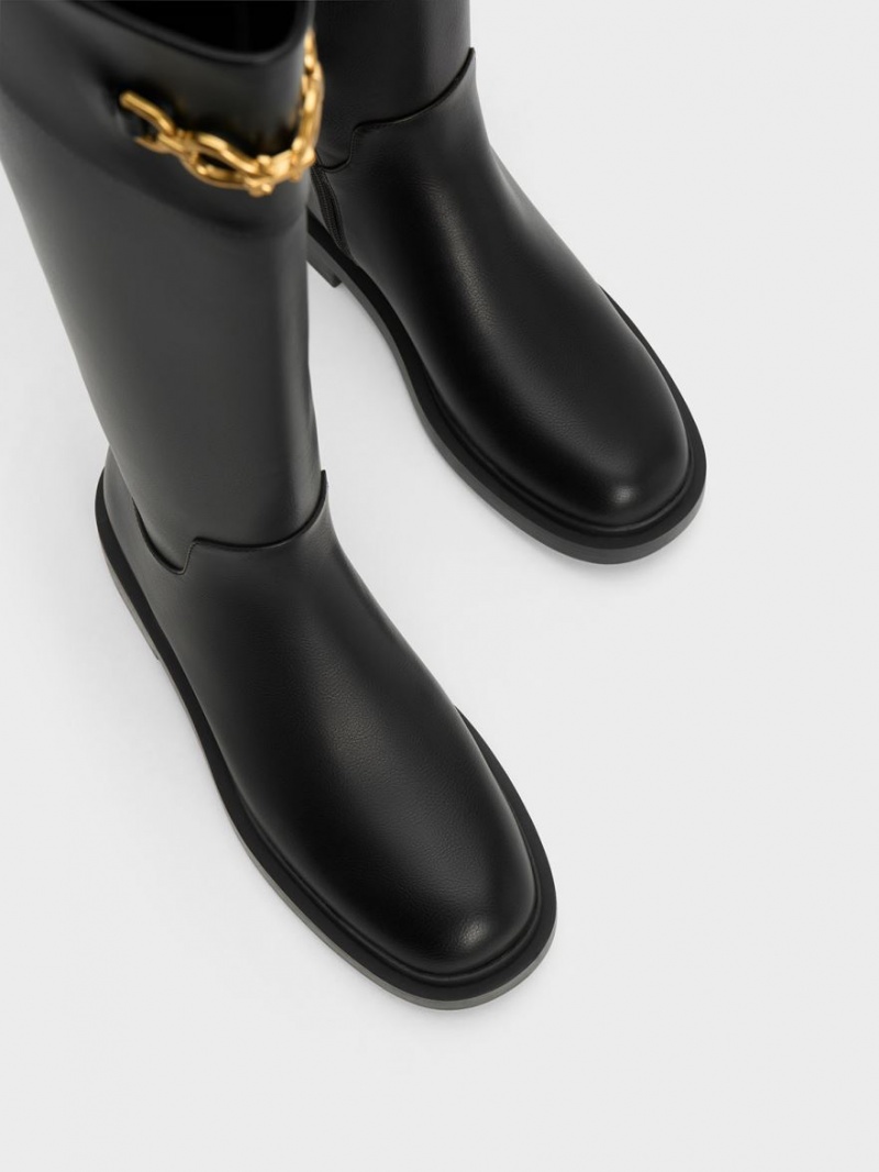 Cizme Pana La Genunchi Charles & Keith Metallic Chain Accent Negrii | 451XMZLJN