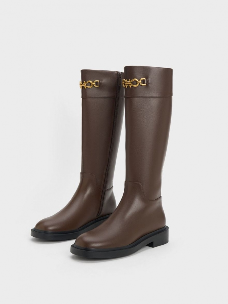 Cizme Pana La Genunchi Charles & Keith Metallic Chain Accent Maro Inchis | 731RMWXJL