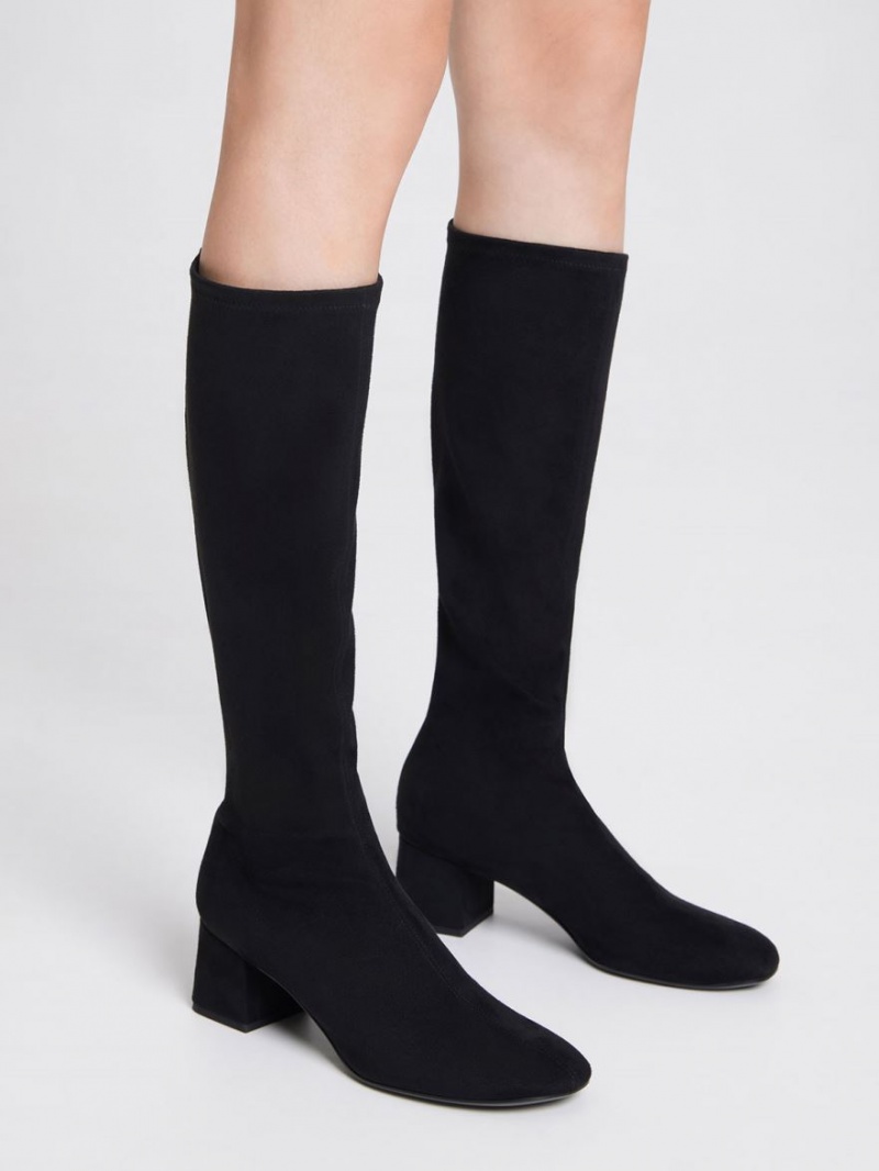 Cizme Pana La Genunchi Charles & Keith Textured Block Heel Negrii | 206WONYKX