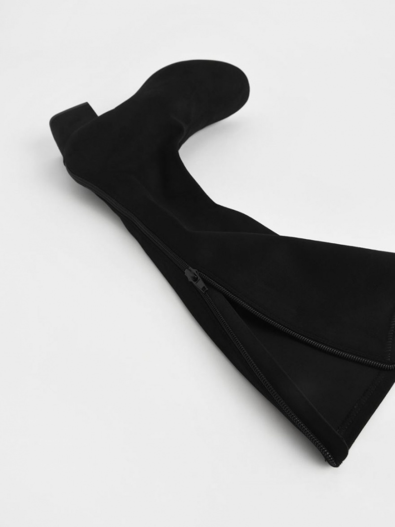 Cizme Pana La Genunchi Charles & Keith Textured Block Heel Negrii | 206WONYKX