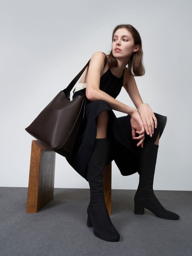 Cizme Pana La Genunchi Charles & Keith Textured Block Heel Negrii | 206WONYKX