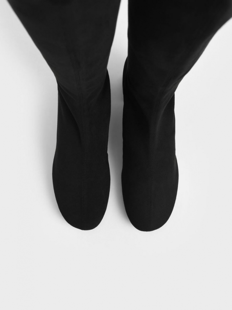 Cizme Pana La Genunchi Charles & Keith Textured Block Heel Negrii | 206WONYKX