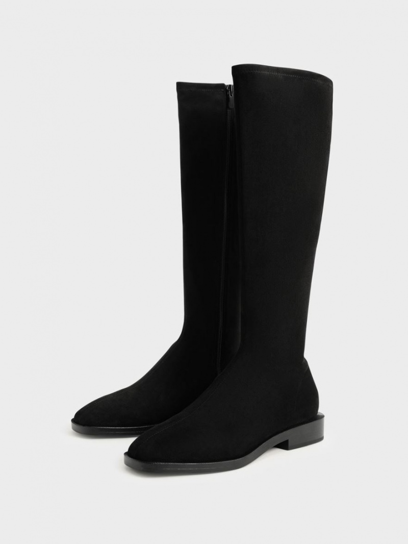 Cizme Pana La Genunchi Charles & Keith Textured Plati Negrii | 504NBKTXM