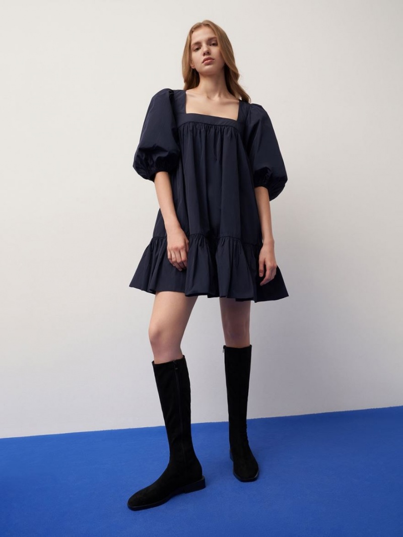 Cizme Pana La Genunchi Charles & Keith Textured Plati Negrii | 504NBKTXM
