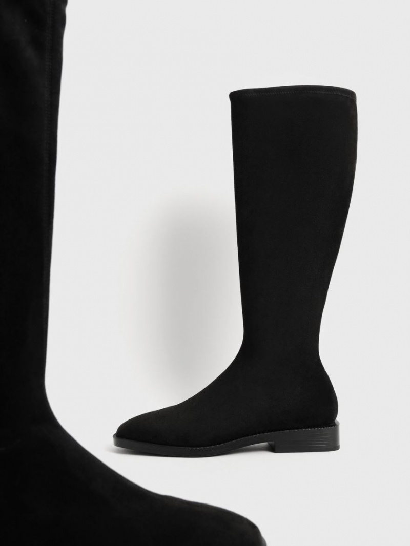 Cizme Pana La Genunchi Charles & Keith Textured Plati Negrii | 504NBKTXM