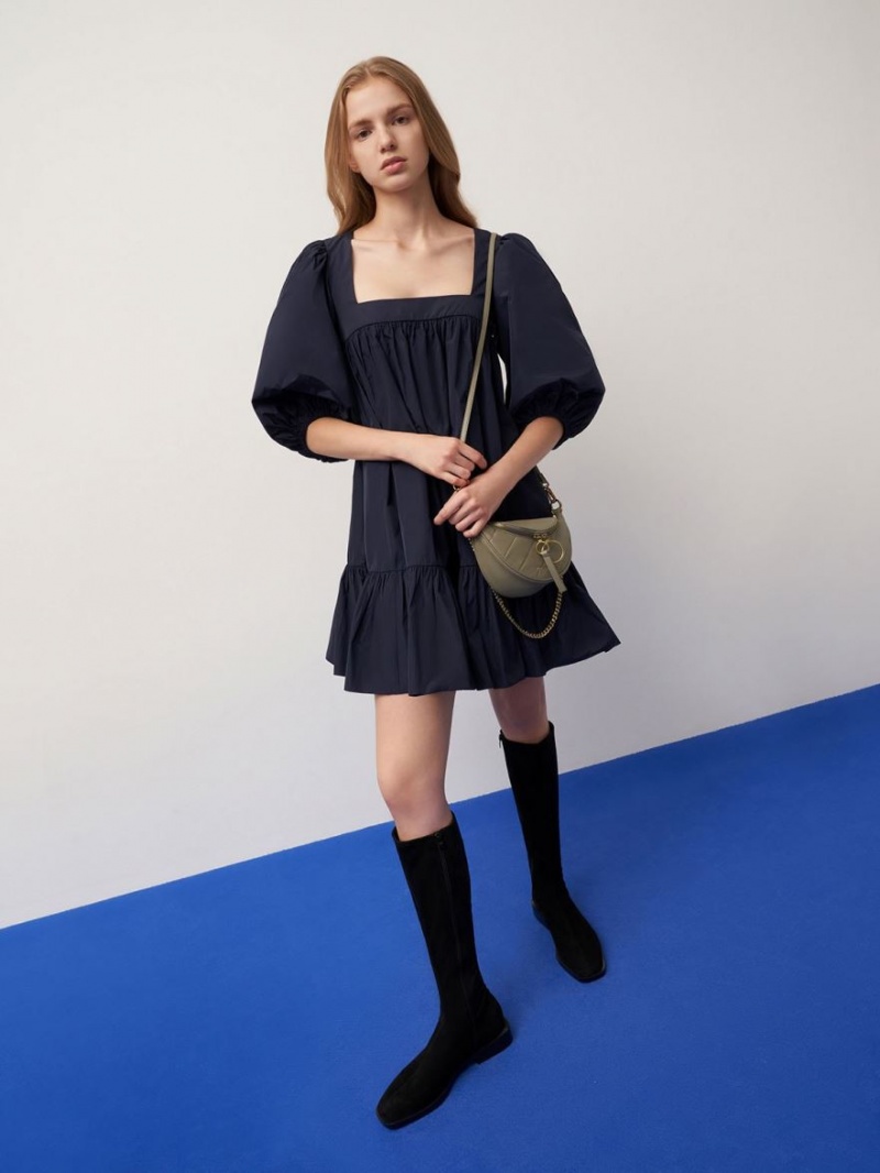 Cizme Pana La Genunchi Charles & Keith Textured Plati Negrii | 504NBKTXM
