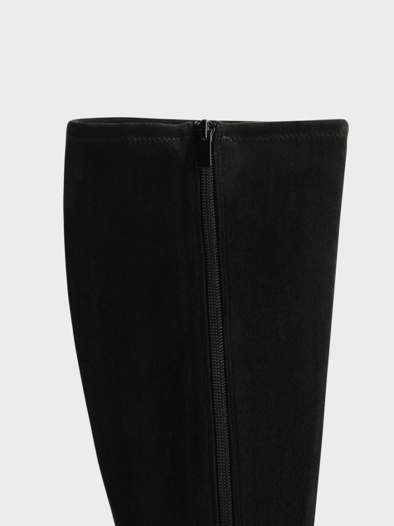 Cizme Pana La Genunchi Charles & Keith Textured Plati Negrii | 504NBKTXM