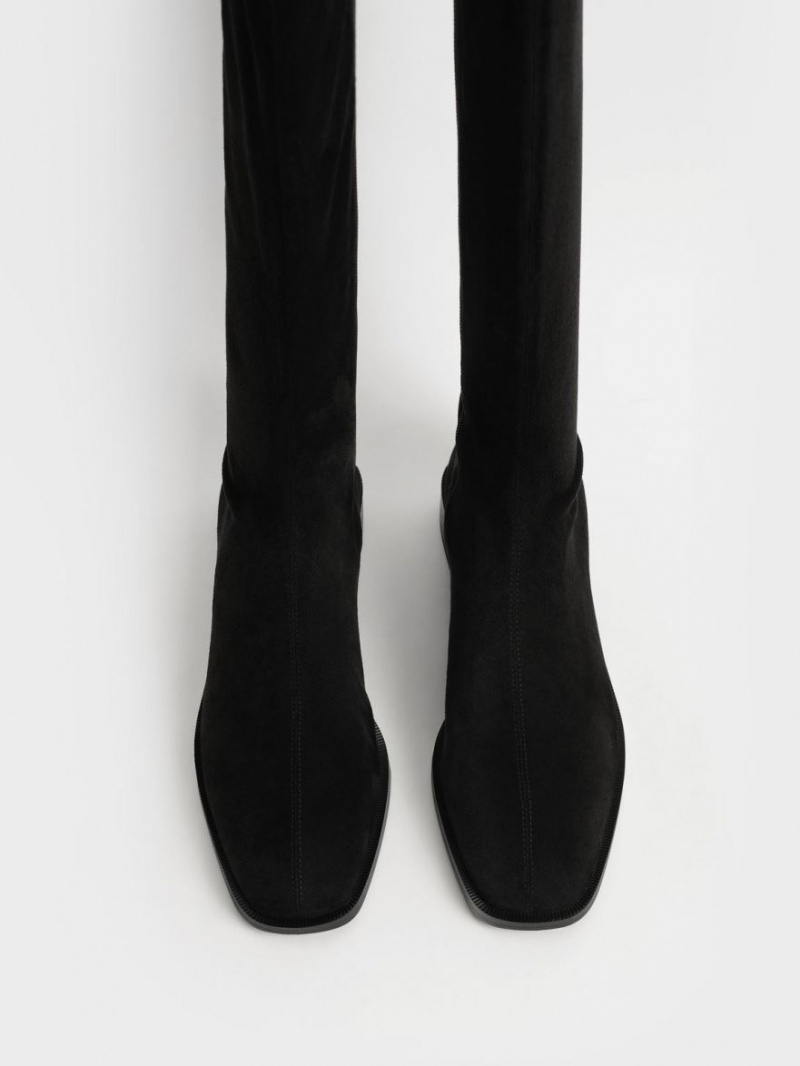 Cizme Pana La Genunchi Charles & Keith Textured Plati Negrii | 504NBKTXM