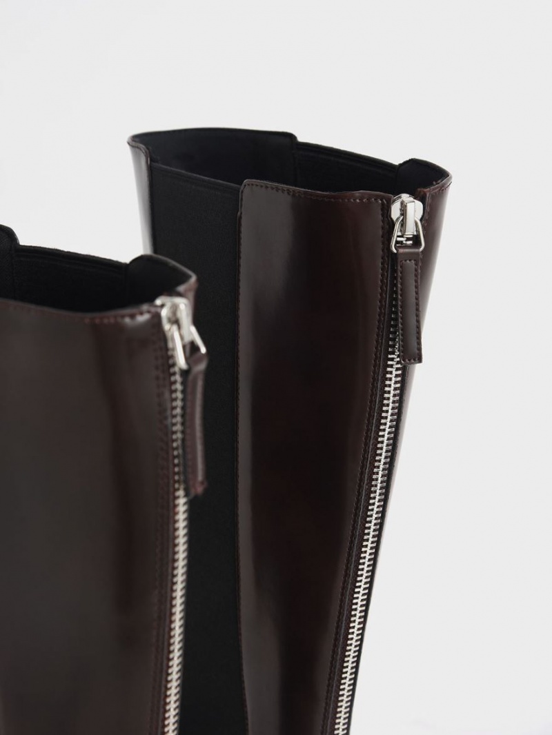 Cizme Pana La Genunchi Charles & Keith Zip-Up Chelsea Maro Inchis | 514PLOVBR