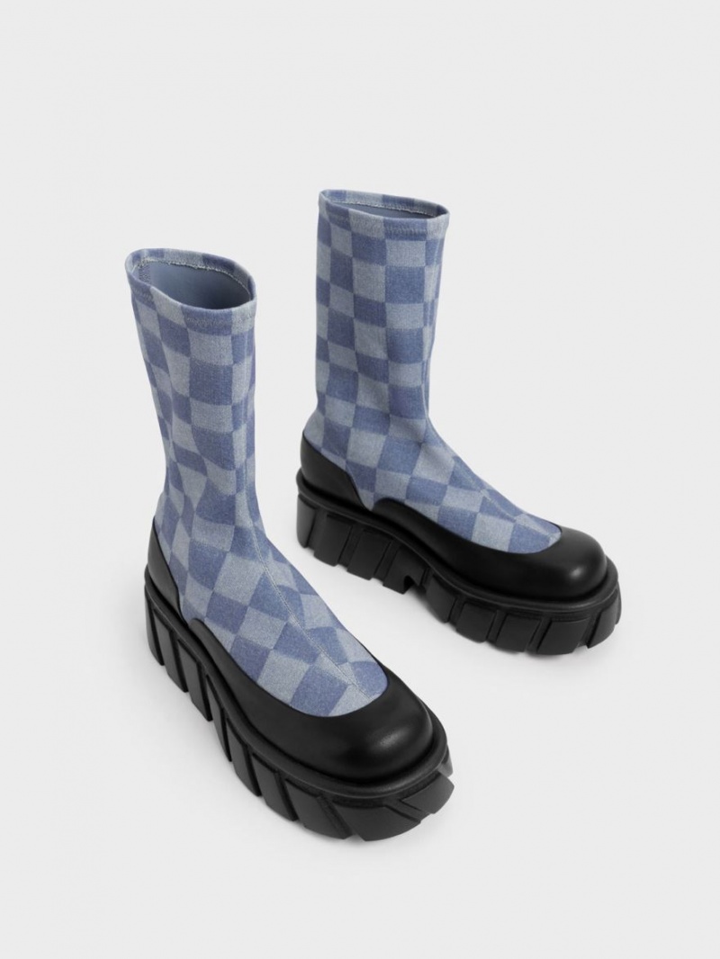 Cizme cu Platforma Charles & Keith Aberdeen Denim Checkered Colorati | 570DUEALH