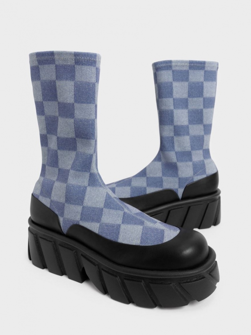 Cizme cu Platforma Charles & Keith Aberdeen Denim Checkered Colorati | 570DUEALH