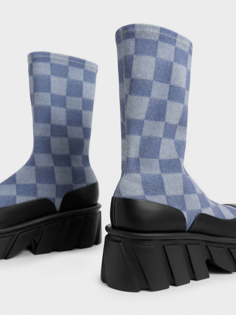 Cizme cu Platforma Charles & Keith Aberdeen Denim Checkered Colorati | 570DUEALH