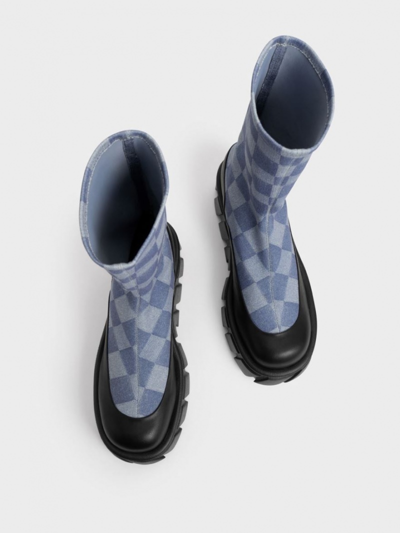 Cizme cu Platforma Charles & Keith Aberdeen Denim Checkered Colorati | 570DUEALH