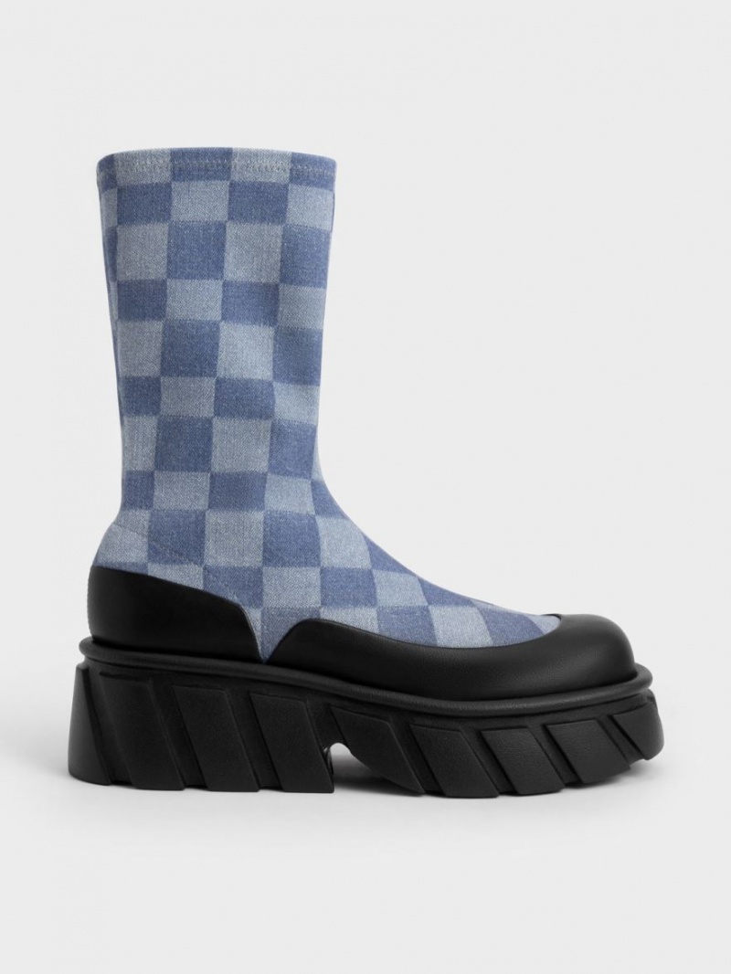 Cizme cu Platforma Charles & Keith Aberdeen Denim Checkered Colorati | 570DUEALH