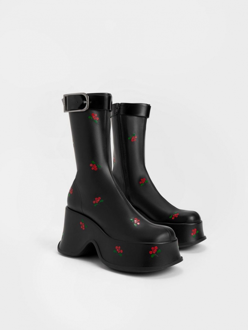 Cizme cu Platforma Charles & Keith Carlisle Floral Negrii | 209FWHIJB
