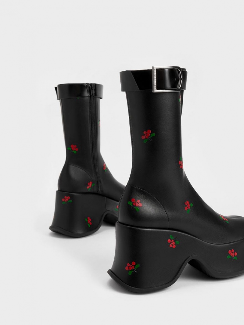 Cizme cu Platforma Charles & Keith Carlisle Floral Negrii | 209FWHIJB