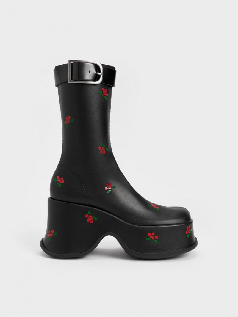 Cizme cu Platforma Charles & Keith Carlisle Floral Negrii | 209FWHIJB