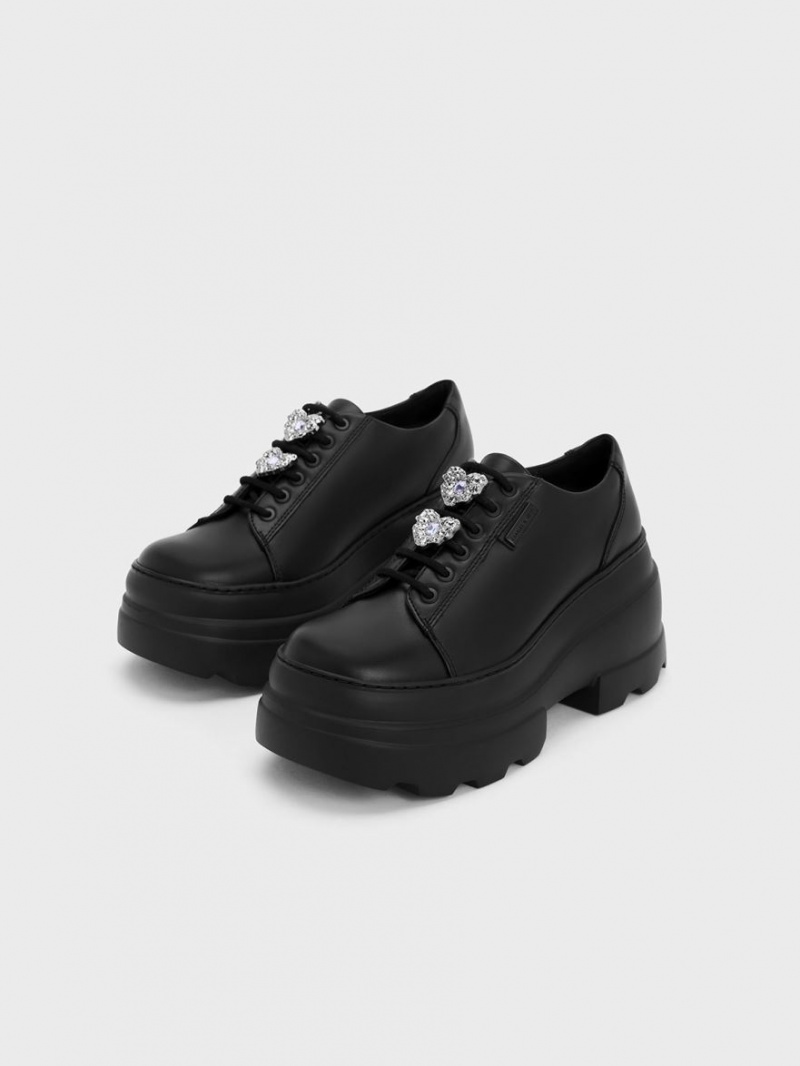 Cizme cu Platforma Charles & Keith Crystal Heart-Motif Dantela-Up Oxfords Negrii | 420GZKYNE