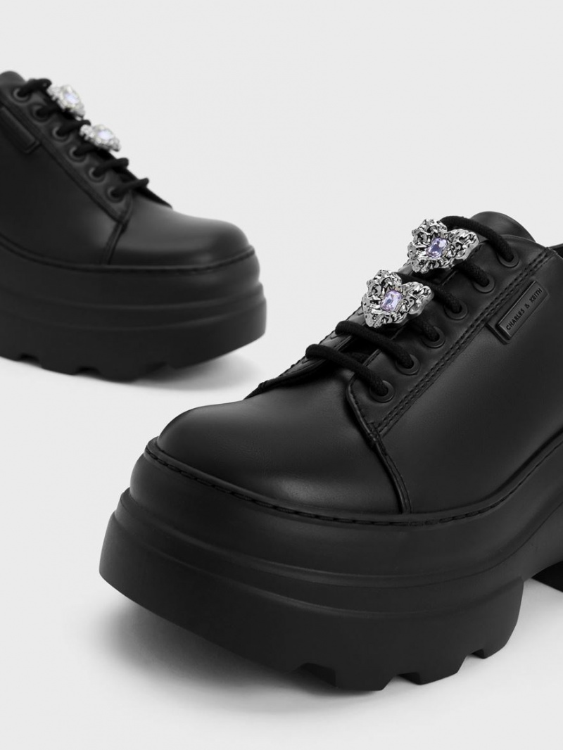 Cizme cu Platforma Charles & Keith Crystal Heart-Motif Dantela-Up Oxfords Negrii | 420GZKYNE