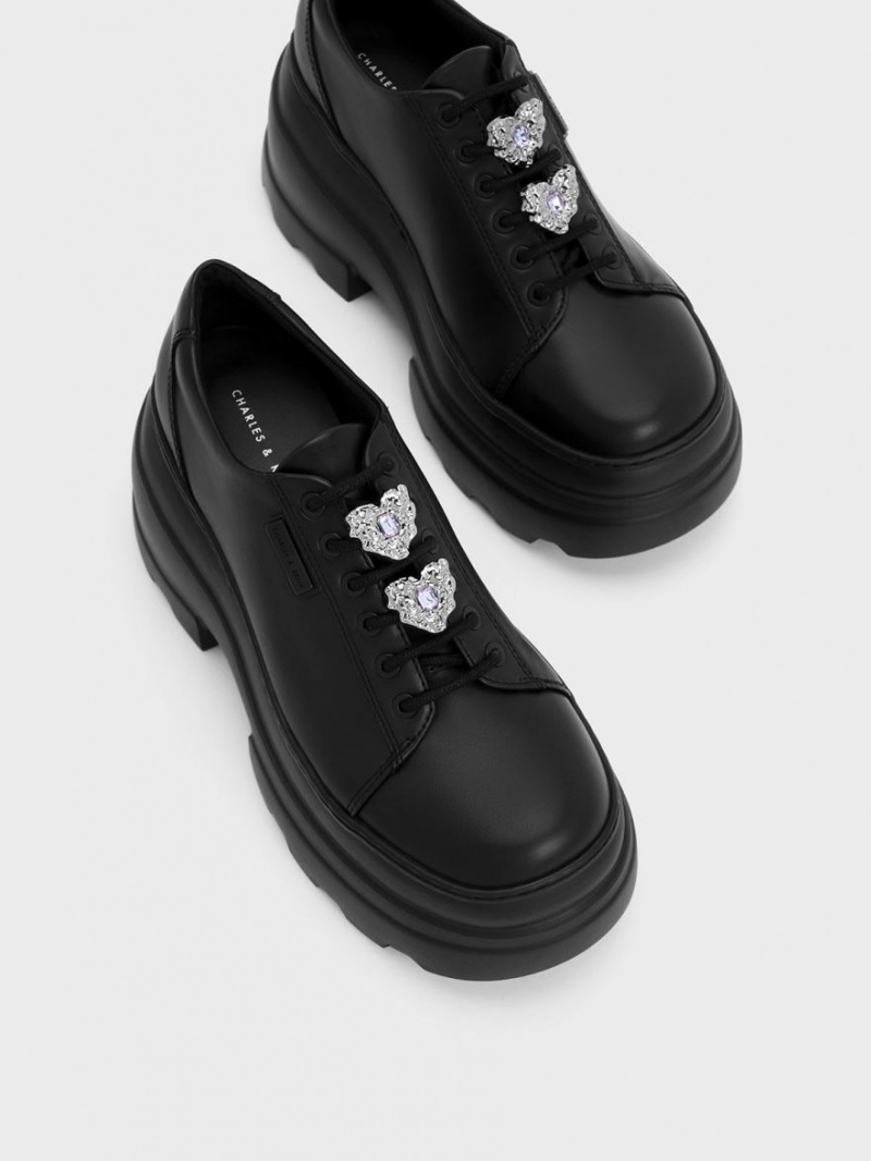 Cizme cu Platforma Charles & Keith Crystal Heart-Motif Dantela-Up Oxfords Negrii | 420GZKYNE