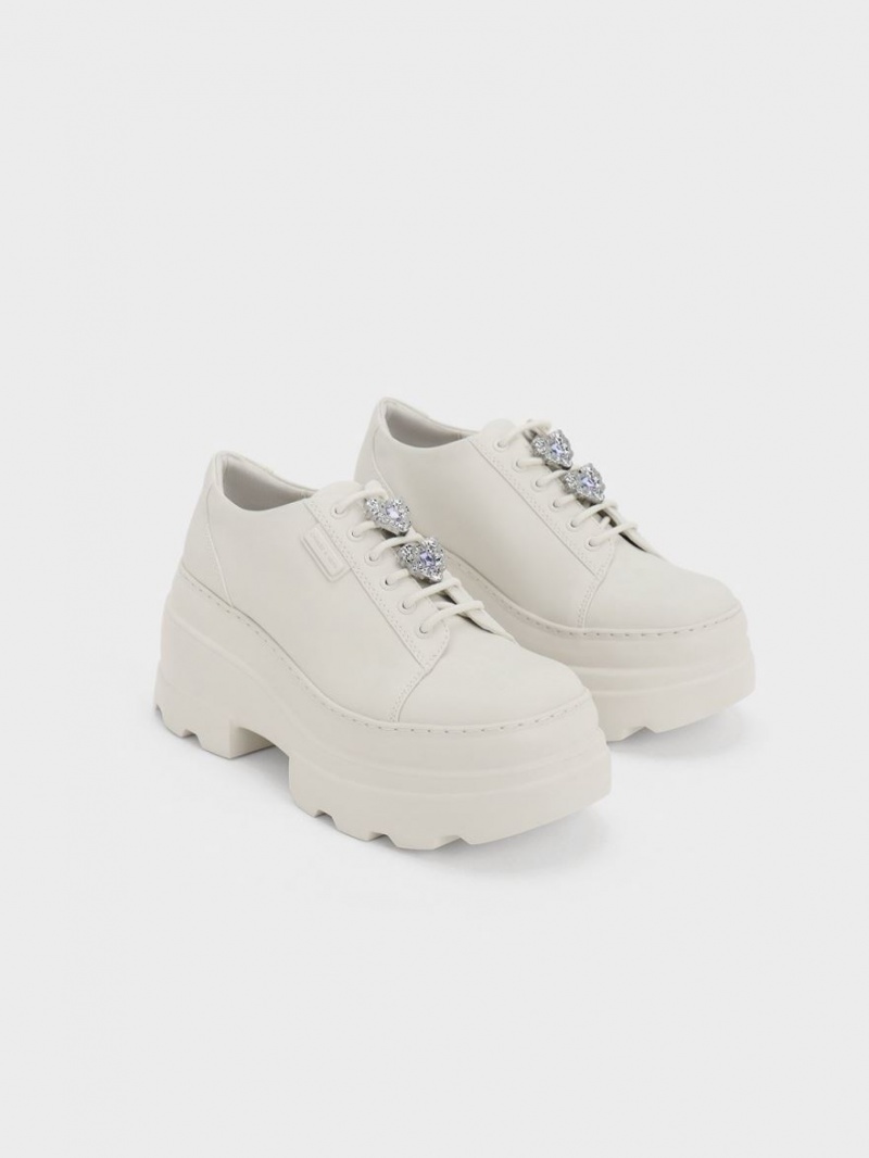 Cizme cu Platforma Charles & Keith Crystal Heart-Motif Dantela-Up Oxfords Albi | 495NAOMSJ