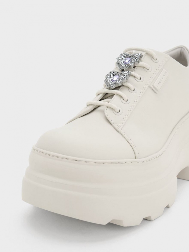 Cizme cu Platforma Charles & Keith Crystal Heart-Motif Dantela-Up Oxfords Albi | 495NAOMSJ