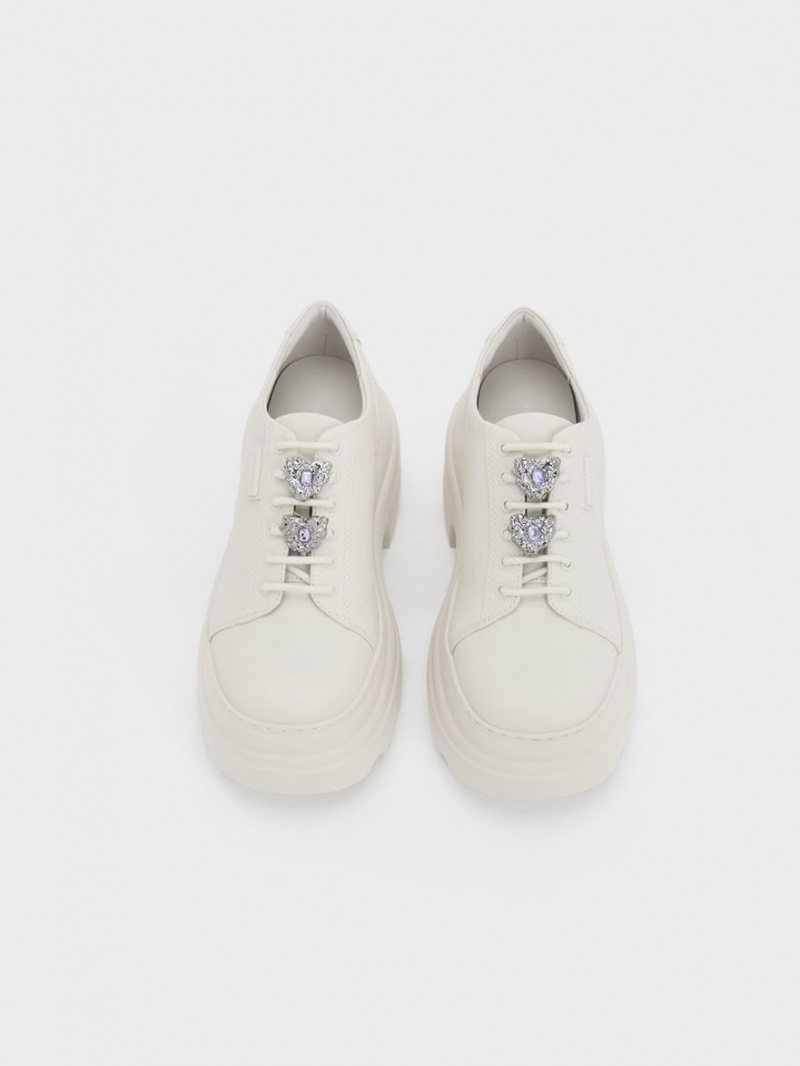 Cizme cu Platforma Charles & Keith Crystal Heart-Motif Dantela-Up Oxfords Albi | 495NAOMSJ