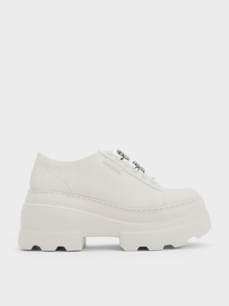 Cizme cu Platforma Charles & Keith Crystal Heart-Motif Dantela-Up Oxfords Albi | 495NAOMSJ