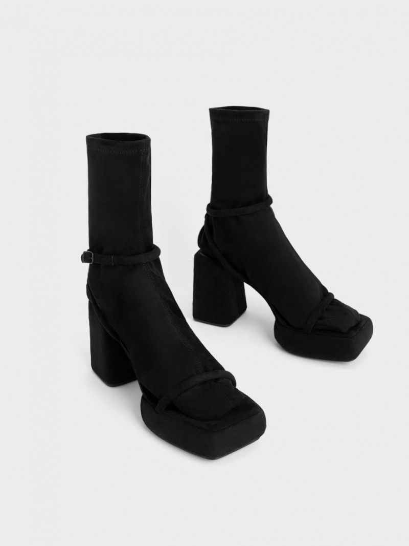 Cizme cu Platforma Charles & Keith Lucile Textured Calf Negrii | 396FWSHUB