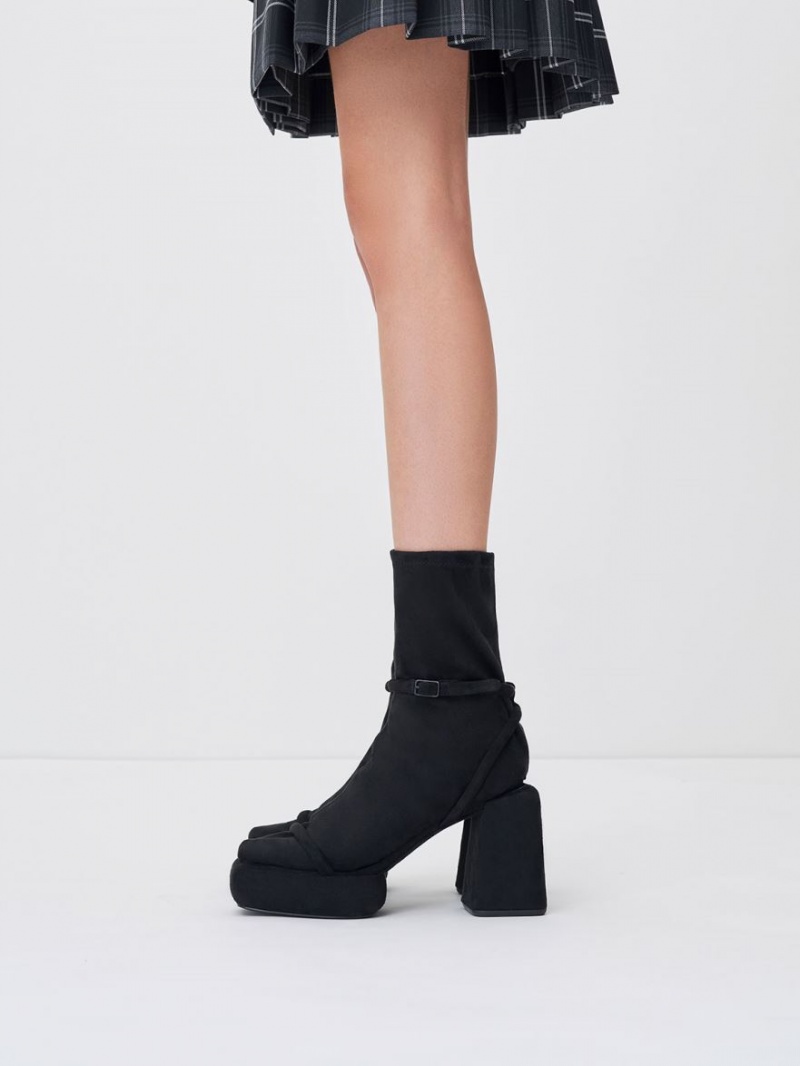 Cizme cu Platforma Charles & Keith Lucile Textured Calf Negrii | 396FWSHUB