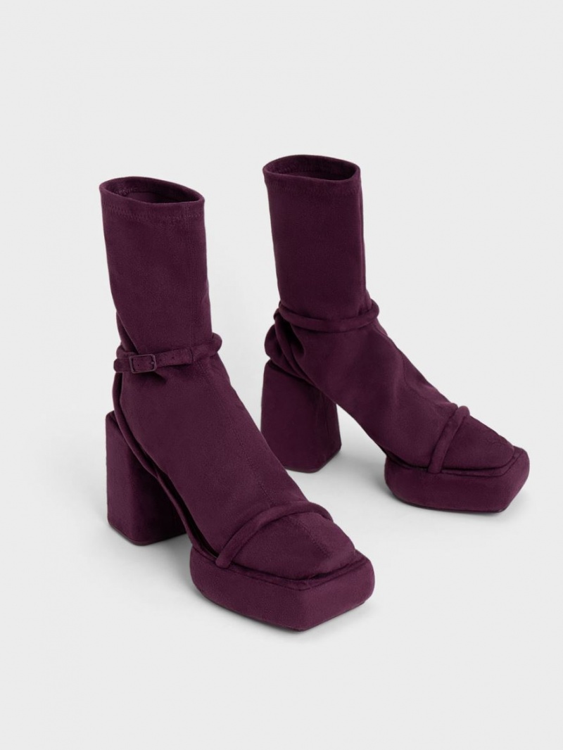 Cizme cu Platforma Charles & Keith Lucile Textured Calf Visinii | 836MCNWJE
