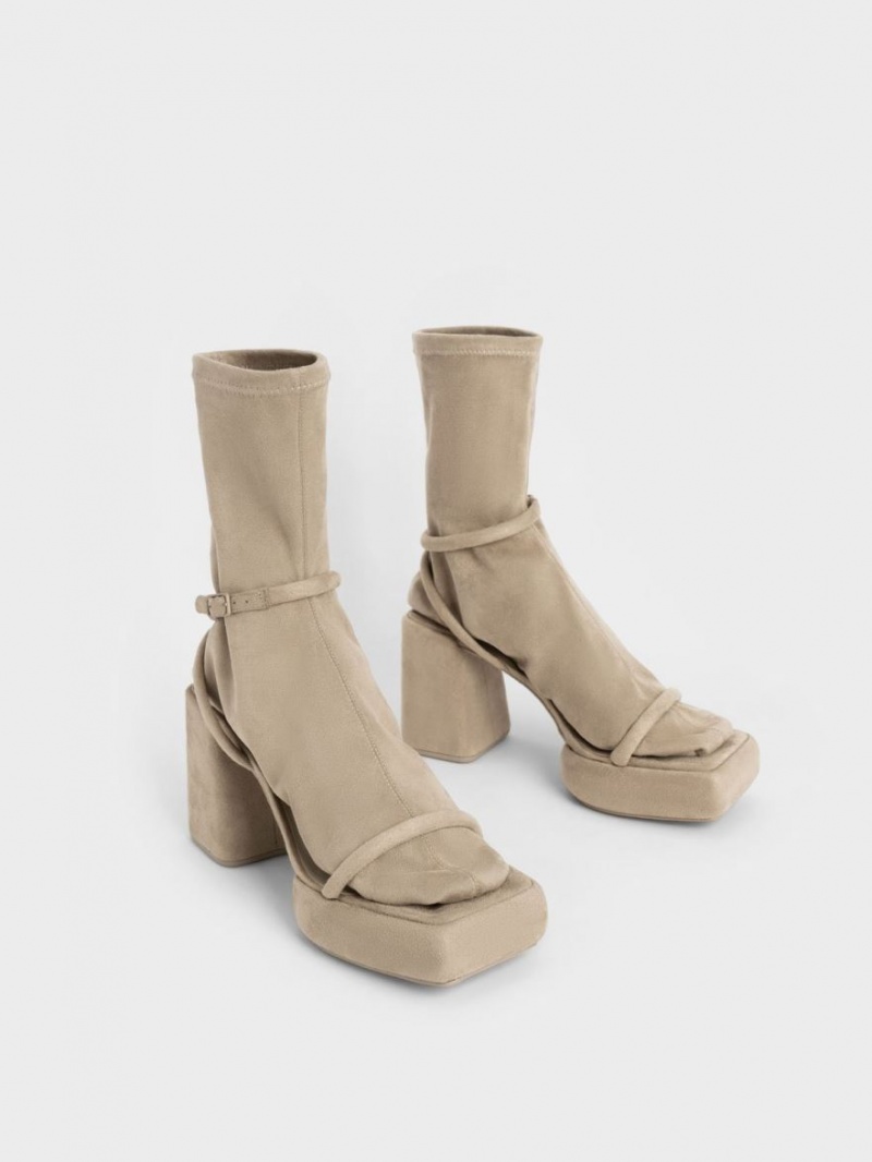 Cizme cu Platforma Charles & Keith Lucile Textured Calf Bej | 473FTSPMY