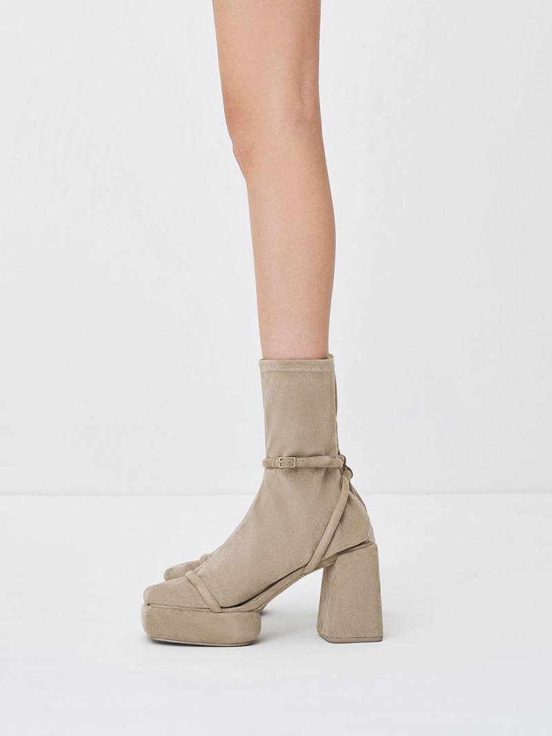 Cizme cu Platforma Charles & Keith Lucile Textured Calf Bej | 473FTSPMY