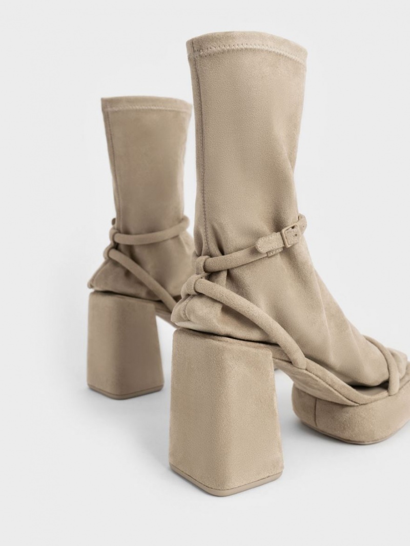 Cizme cu Platforma Charles & Keith Lucile Textured Calf Bej | 473FTSPMY