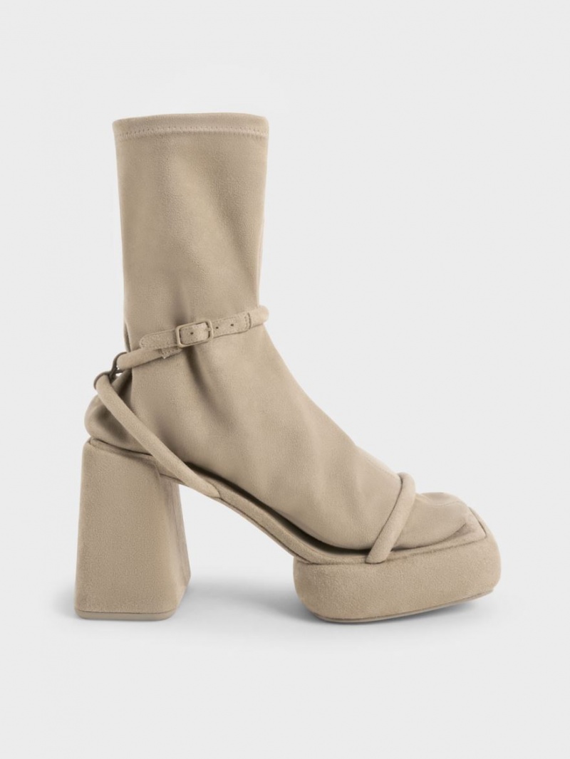 Cizme cu Platforma Charles & Keith Lucile Textured Calf Bej | 473FTSPMY