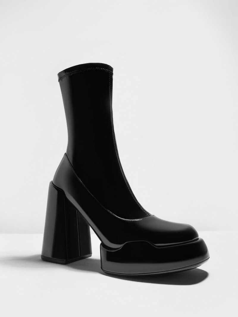Cizme cu Toc Charles & Keith Lula Lacuita Block Negrii | 609LQVHPK